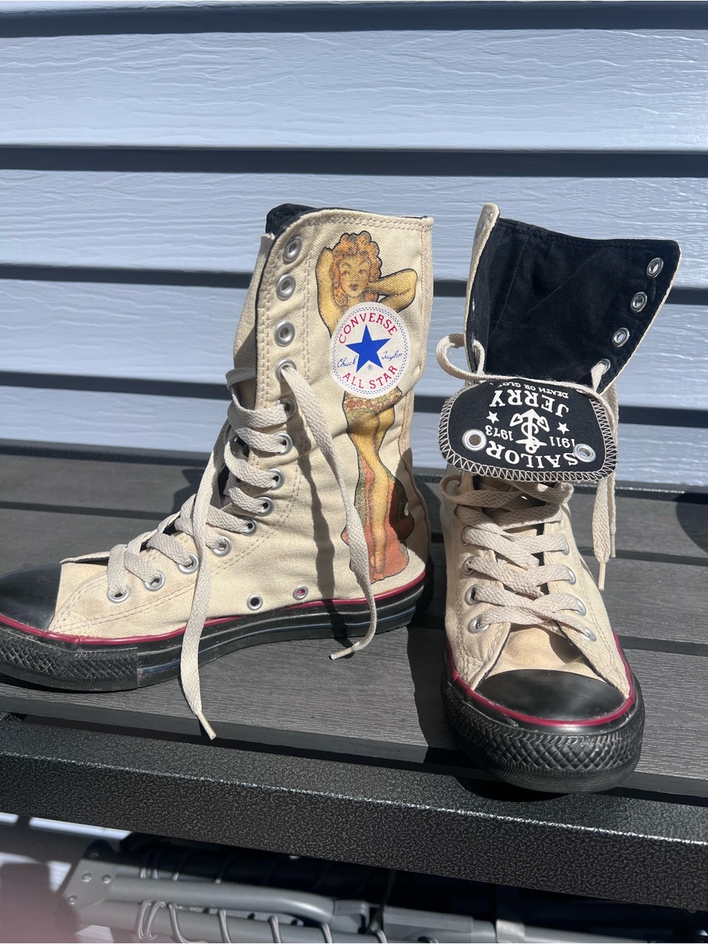 Converse Cream Canvas SailorJerry Pin-Up Artwork All Star High-Top Sneakers - Picture 7 of 13